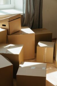 cardboard boxes stacked in a sunny corner with a green drape behind them